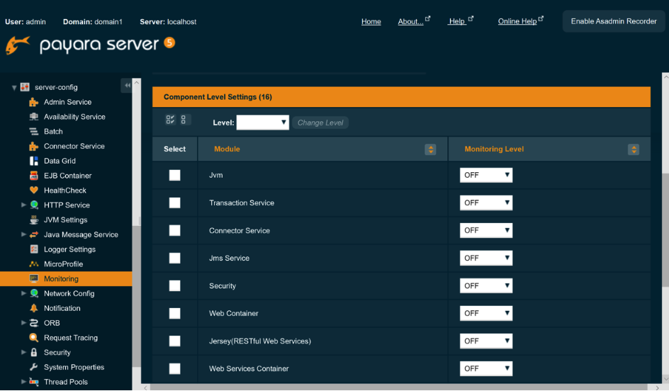 Payara Server component level settings