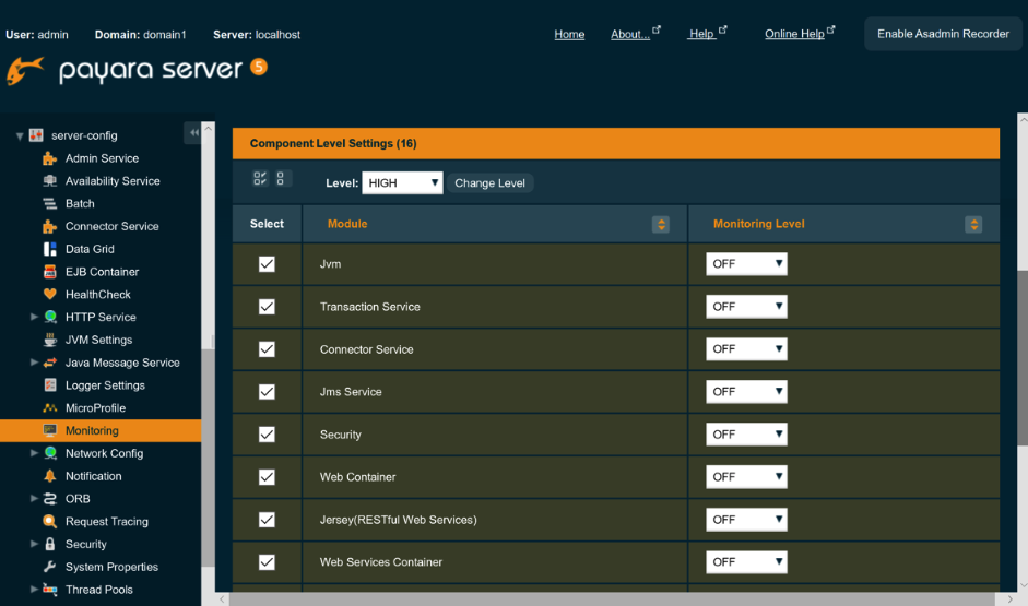Set component level settings for Payara Server