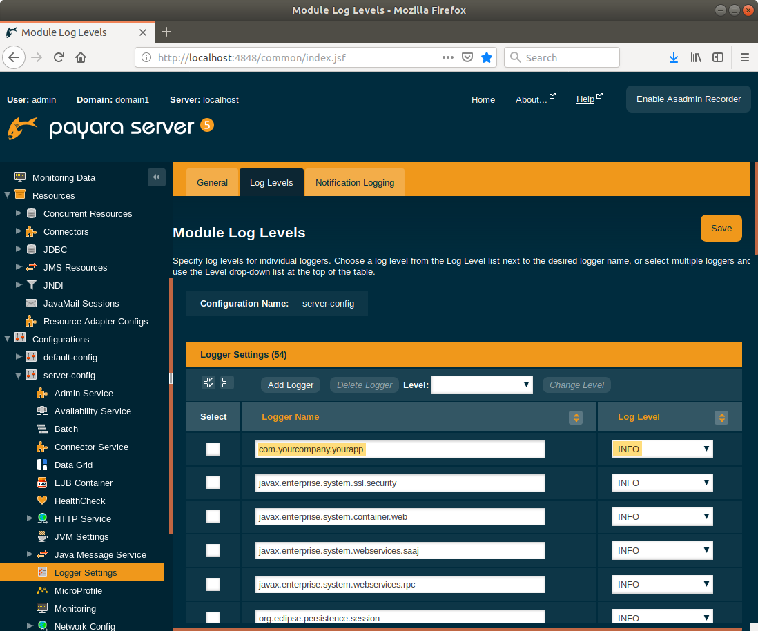 Payara Server Module Log Levels