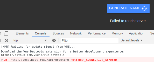 Chrome console with error 'GET http://localhost:8081/api/greeting net::ERR_CONNECTION_REFUSED'